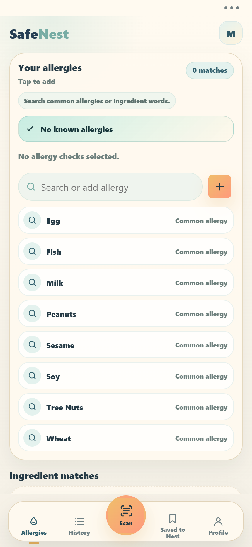 SafeNest allergies screen