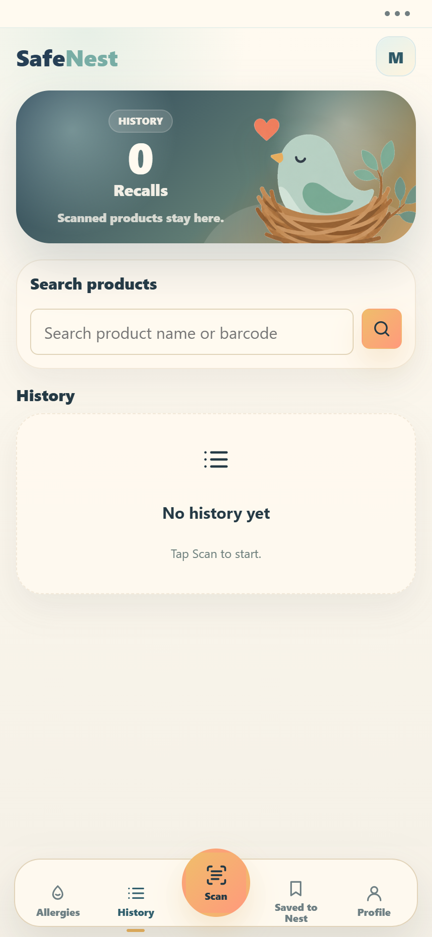 SafeNest app history screen